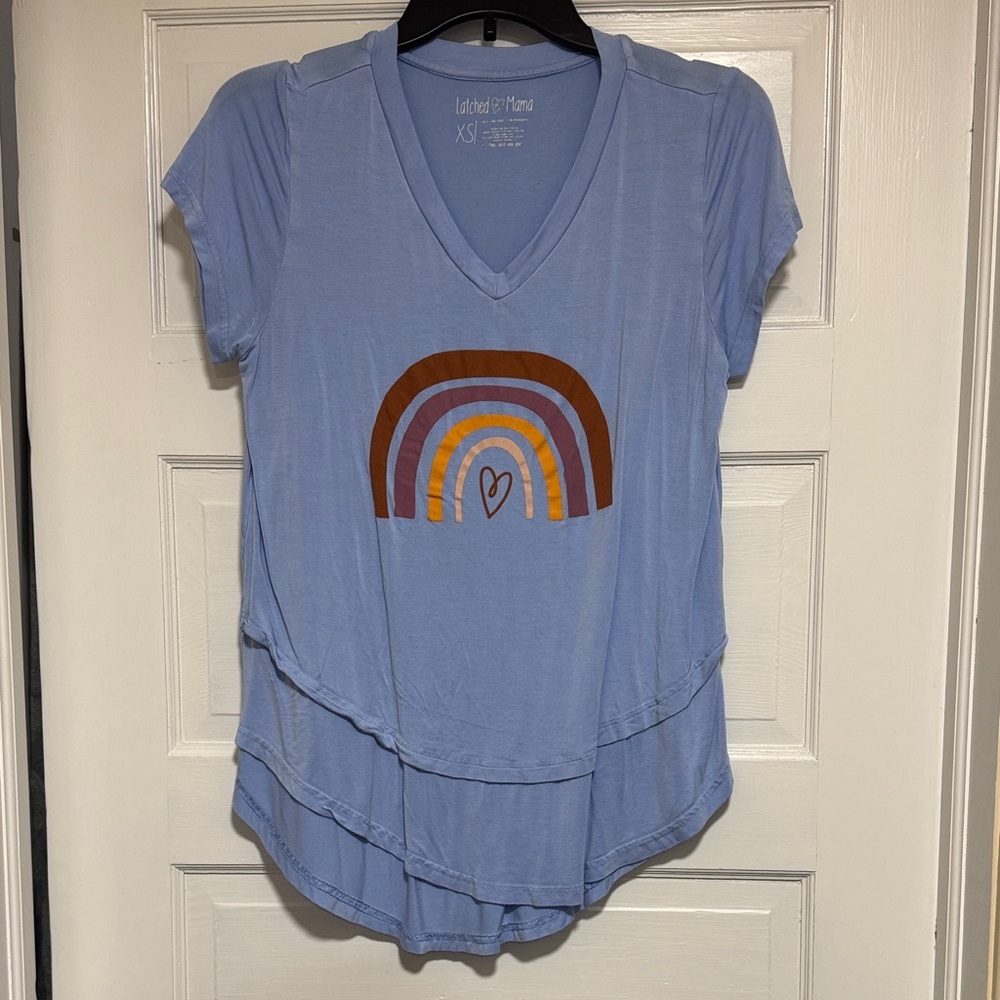 Latched Mama Light Blue Top with Rainbow Design